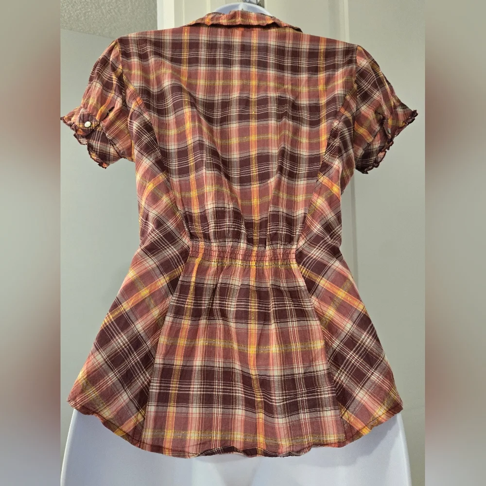 Guess Plaid V-Neck Button-down Shirt With Ruffles size XS. - Picture 4 of 12